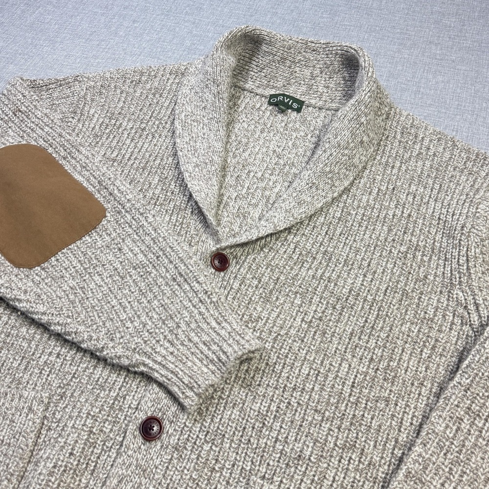 Orvis Cardigan Sweater Mens 2XL Beige Wool Nylon Polyester Chunky-Knit Heavy